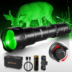UniqueFire 2002D Green Flashlight for Night Hunting, Fresnel Lens Zoomable Predator Green Light Rechargeable with Rapid Dimmer Switch & Bracket, Hog Coyote Hunting Light Flashlight