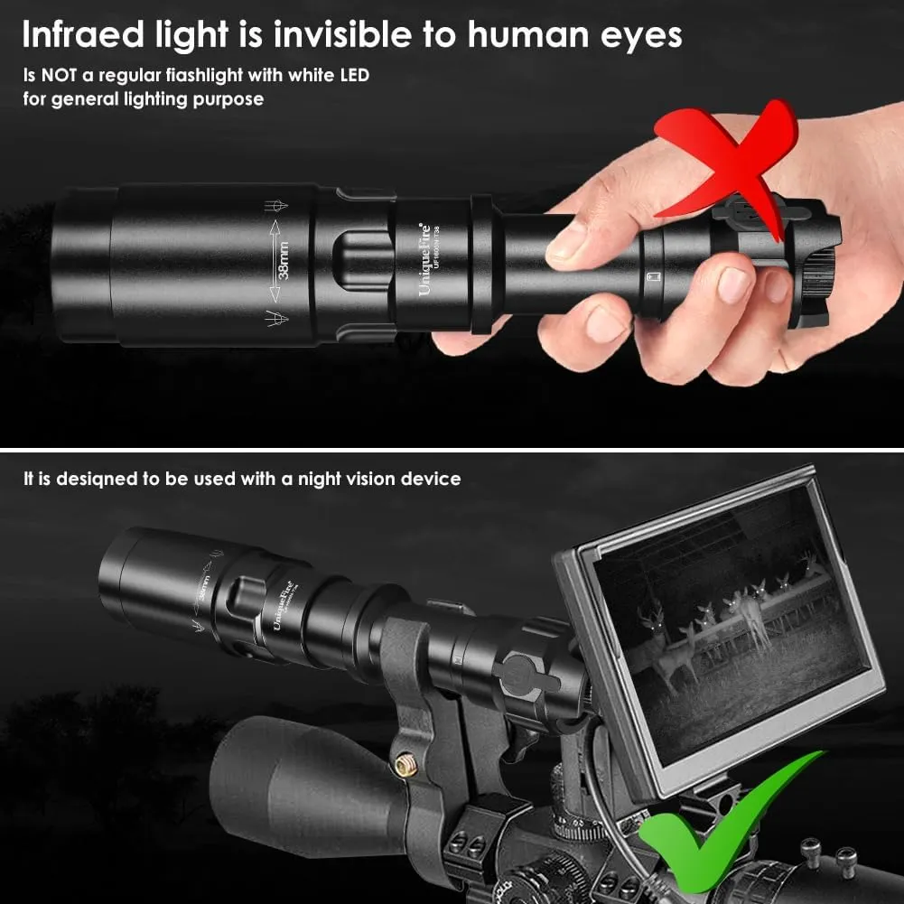 UniqueFire Upgrade 1605N T38 850nm IR Illuminator USB C Rechargeable LED Flashlight for Night Vision Hunting Fishing,Fresnel Lens Zoomable Infrared Light Tactical Torch Set,Lighting Up to 500M 