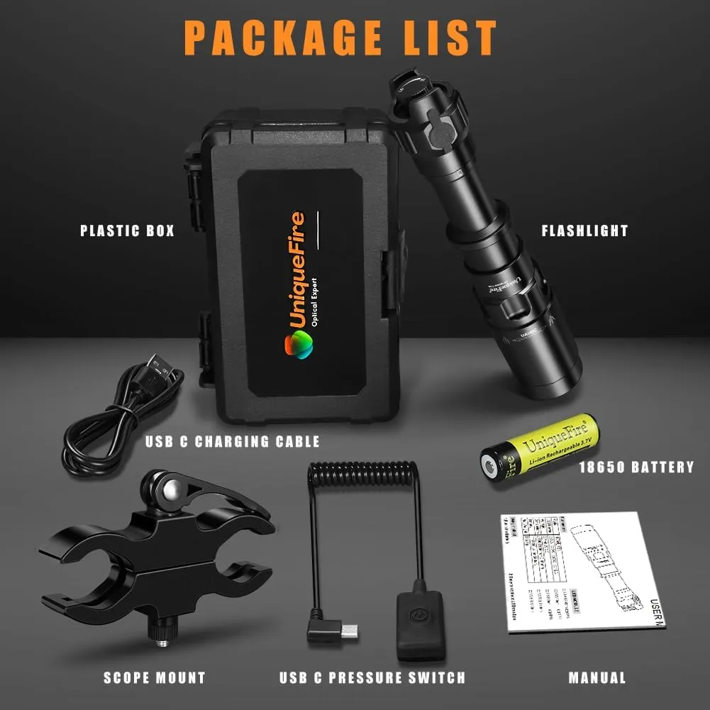 UniqueFire Upgrade 1605N T38 850nm IR Illuminator USB C Rechargeable LED Flashlight for Night Vision Hunting Fishing,Fresnel Lens Zoomable Infrared Light Tactical Torch Set,Lighting Up to 500M 