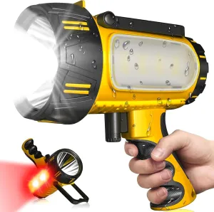 Upgrade Rechargeable Spotlight with 6 Mode,Super Bright High LM LED Flashlight Handheld Spotlight,Large Capacity Long Lasting Waterproof Flashlight Searchlight,Flood Camping Flashlight with Tripod