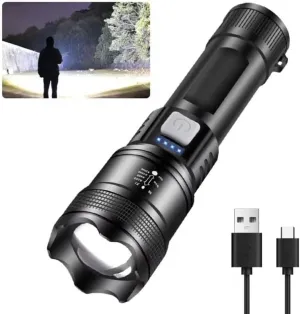 USB-C Rechargeable Flashlight – Bright LED with Zoom, Small & Lightweight, Tactical Handheld Torch for Camping, Car, and Emergency -Waterproof
