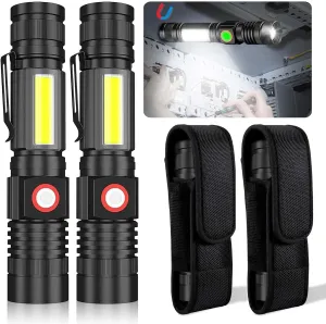 USB Rechargeable Flashlight, Magnetic LED Flashlight, Super Bright LED Tactical Flashlight with Cob Worklight,Waterproof,Zoomable Small LED Flashlight for Camping, Flashlight with Holsters