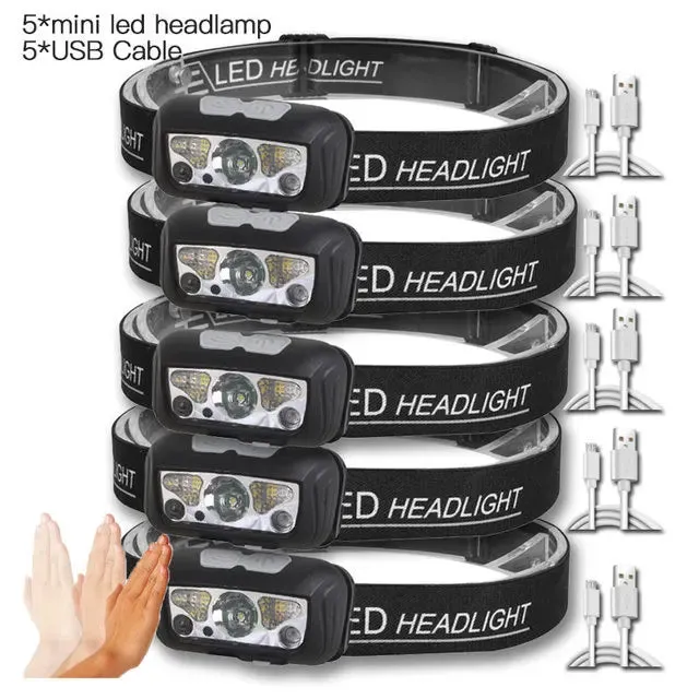 USB Rechargeable Mini Headlamp with Wave Sensor Flashlight for Camping, Hiking, Emergency Lighting