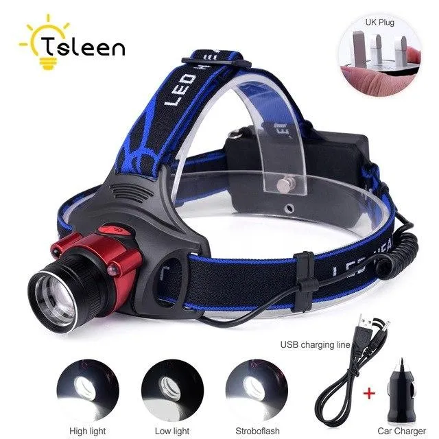 US/EU/UK Plug T6 LED Headlamp Headlight Head Lamp lighting Light Flashlight Torch Lantern Fishing 18650 Battery Car USB Charger