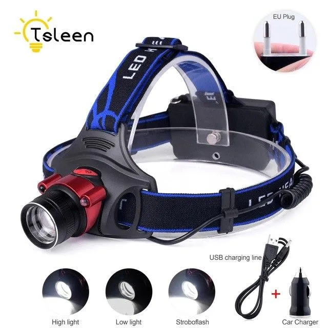 US/EU/UK Plug T6 LED Headlamp Headlight Head Lamp lighting Light Flashlight Torch Lantern Fishing 18650 Battery Car USB Charger