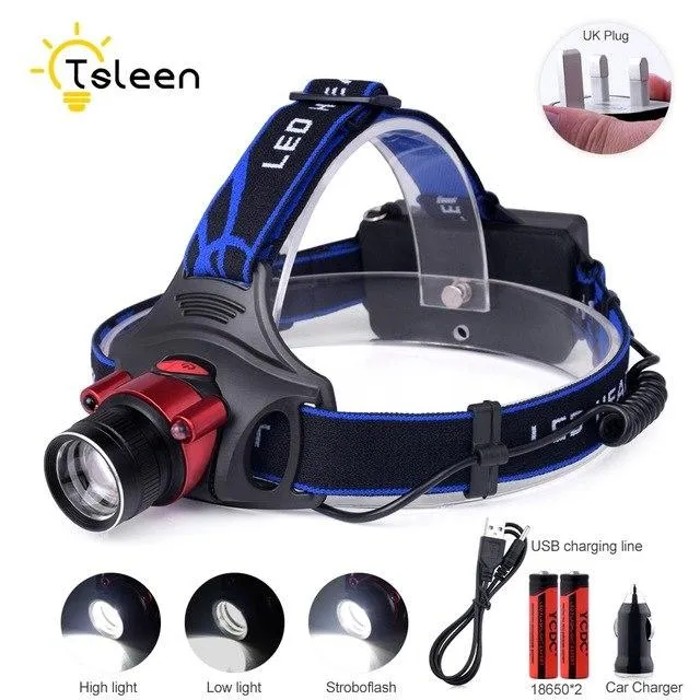 US/EU/UK Plug T6 LED Headlamp Headlight Head Lamp lighting Light Flashlight Torch Lantern Fishing 18650 Battery Car USB Charger