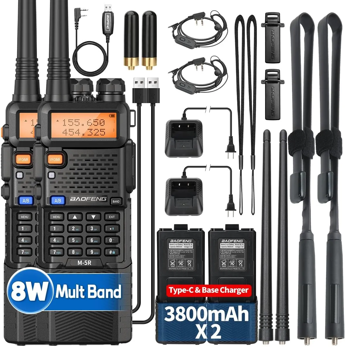 UV-5R Ham Radio Handheld New Ver. 8W UV5R Ham Radios Multi Band Long Range 3800mAh Rechargeable Battery M-5R 5RX Walkie Talkies Two Way Radio with USB-C Charger,Tactical Antenna,2 Pack