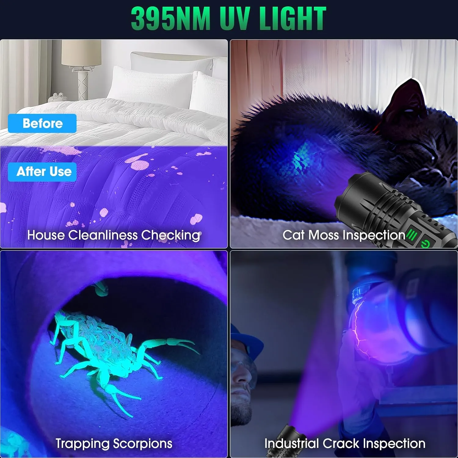 UV&High Lumens Flashlight Rechargeable, 2-in-1 Powerful Blacklight LED Flashlight Tactical 6 Modes Super Bright Waterproof Zoomable Detector for Pet Urine Curing Resin Camping Emergencies
