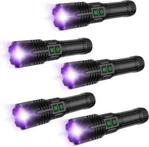 UV&High Lumens Flashlight Rechargeable, 2-in-1 Powerful Blacklight LED Flashlight Tactical 6 Modes Super Bright Waterproof Zoomable Detector for Pet Urine Curing Resin Camping Emergencies