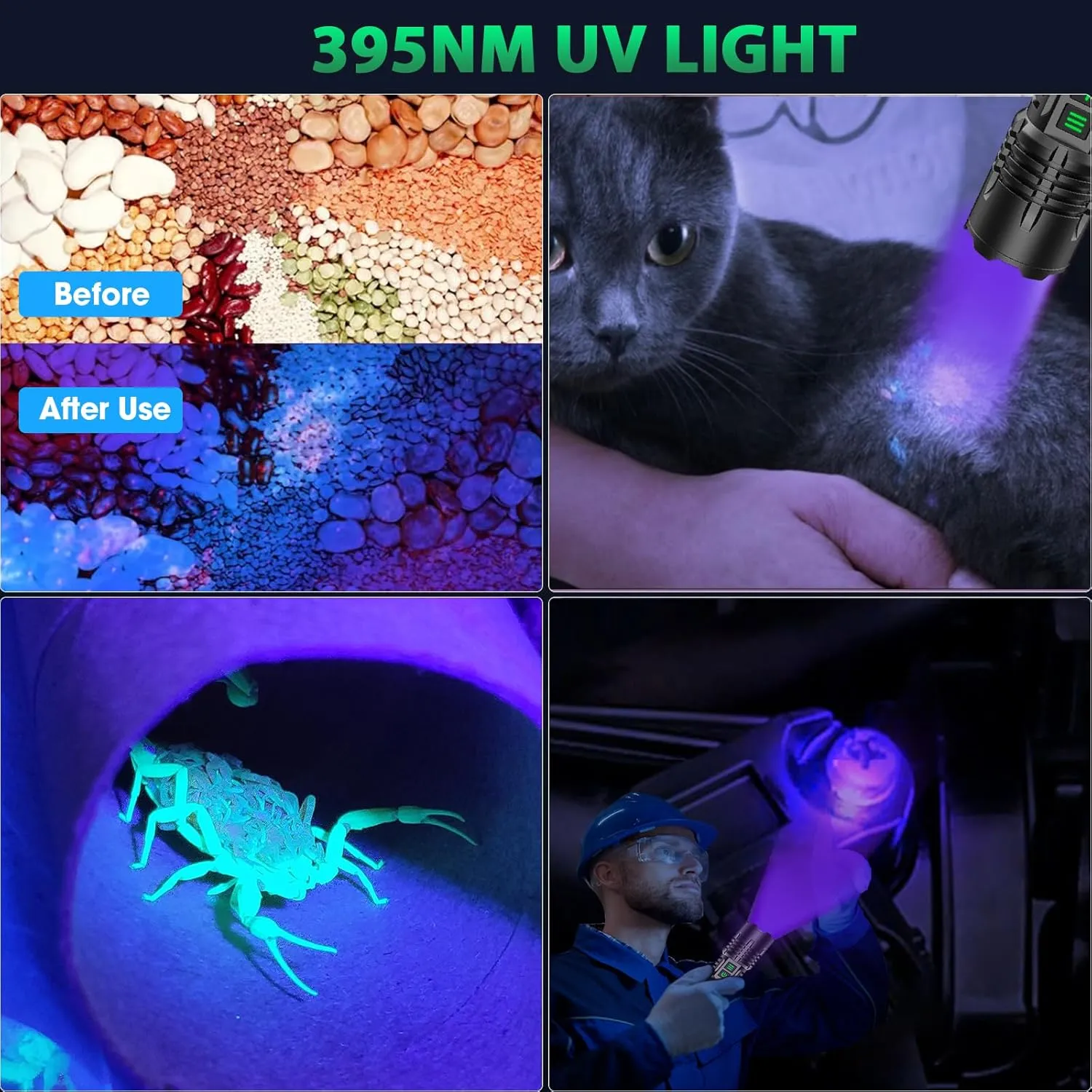 UV&High Lumens Flashlight Rechargeable, 2-in-1 Powerful Blacklight LED Flashlight Tactical 6 Modes Super Bright Waterproof Zoomable Detector for Pet Urine Curing Resin Camping Emergencies