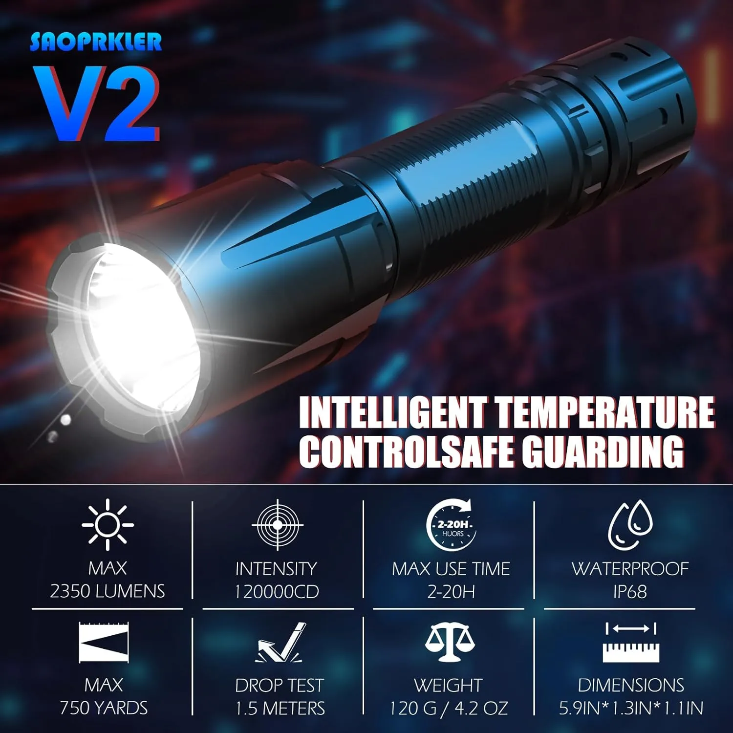 V2 Police Tactical Flashlight-2350 High Lumen Duty Belt Flashlight for Law Enforcement,Flashlight with Holster(750 Yards/2H) Military Grade Super Bright Flashlights