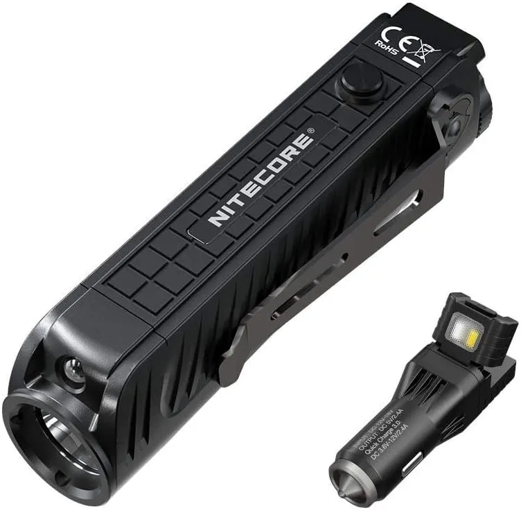 Value Bundle: NITECORE P18 Unibody Die-cast Futuristic Tactical Flashlight - 1800 Lumens - 1x IMR 3,100mAh 35ABattery Included with NITECORE VCL10 Car Cigrett Fast Charger, Window Breaker -25 Lumens