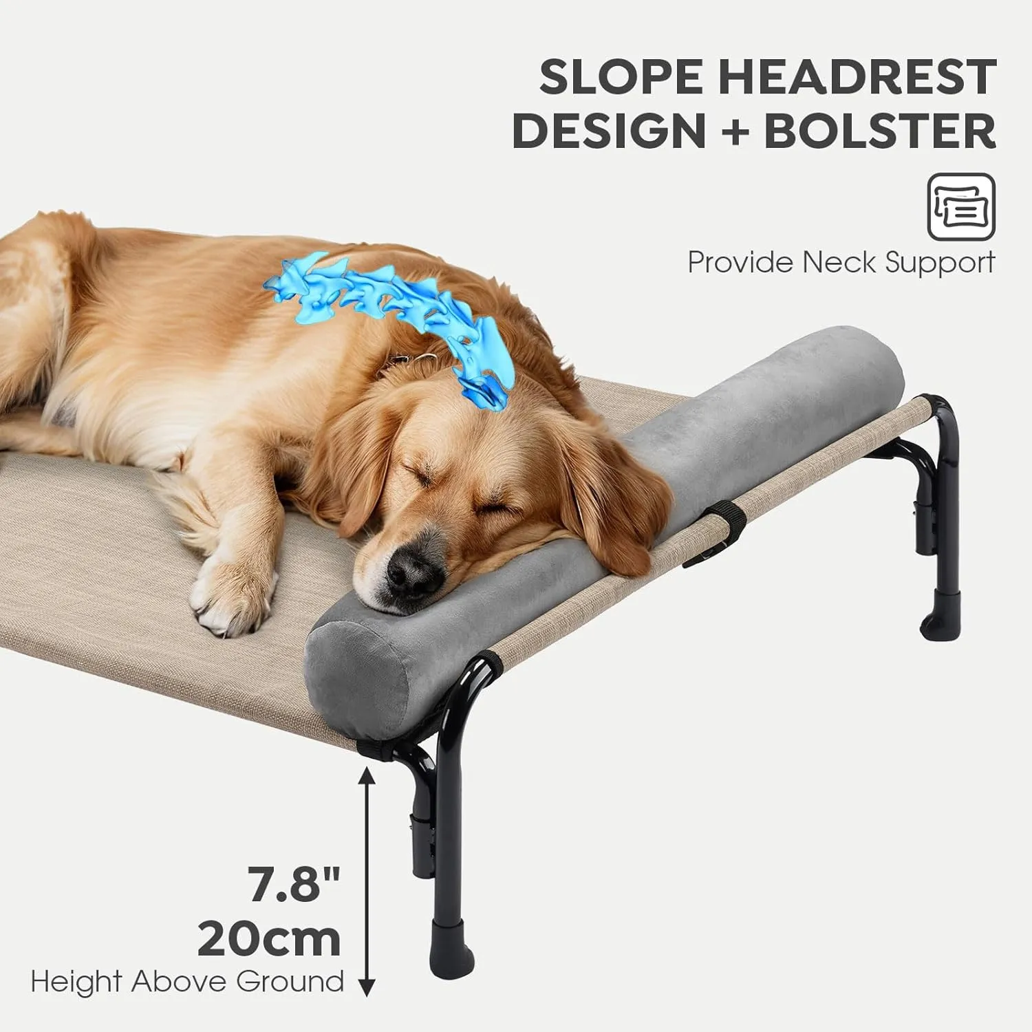 Veehoo Large Elevated Dog Bed, Outdoor Raised Dog Cot Hammock Bed with One-Sided Removable Headrest Bolster, Cooling Breathable Washable Teslin Mesh, Off Ground, Anti-Slip, L, CWC2204BCP