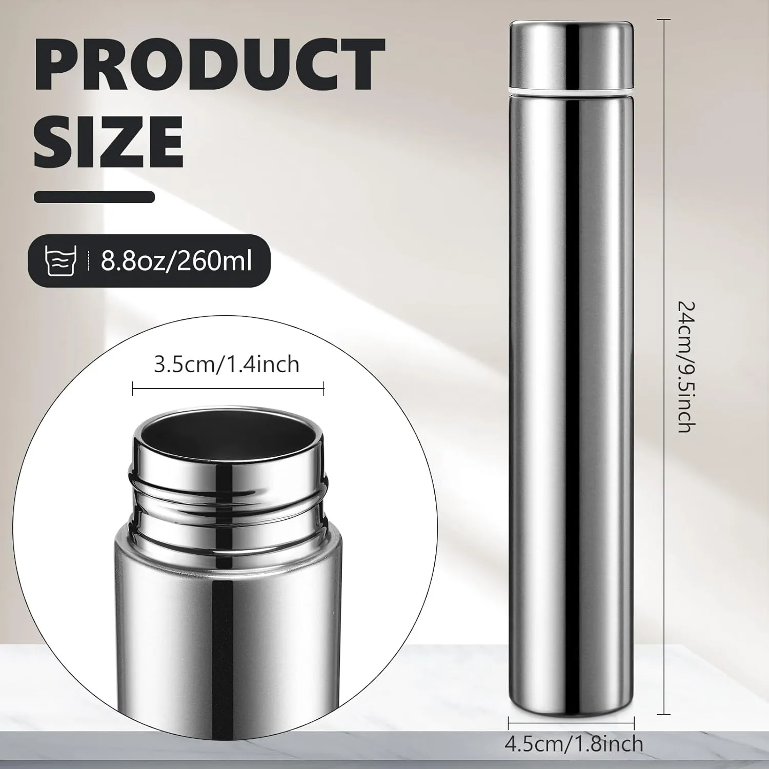 Vesici Slim Water Bottle 8.8 oz Small Stainless Steel Purse Compact Insulated Water Bottles Camping Travel Backpack Pocket Flask for Car Cold Coffee Tea(Silver,4 Pack)