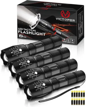 Victoper LED Flashlight 4 Pack, Bright Tactical Flashlights High Lumens with 5 Modes, Waterproof Zoomable Flash Light for Outdoor, Gifts for Christmas Stocking Camping Essentials Gear