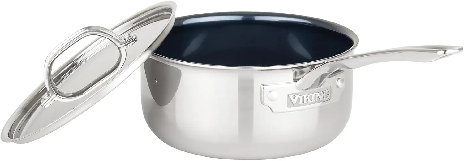 Viking 4-Ply Sauce Pan with Lid, 3 Quart Laser Clad Titanium Performance Ti Saucepan Cooking Pot, Dishwasher and Oven Safe, Induction Ready, Blue/Silver