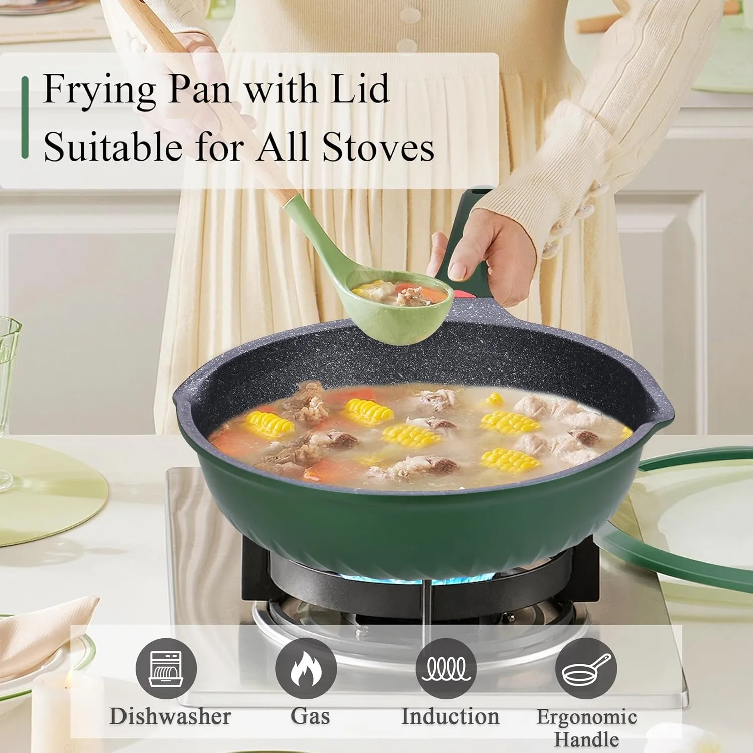 Vinchef Green Skillet Nonstick with Lids, 11In/5Qt Aluminum Deep Frying Pan with Lid and Heat Indicator, Anti Scratch and Anti Stain Deep Skillet Nonstick, Induction Compatible