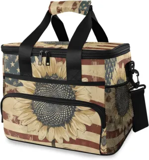 Vintage Sunflower American Stars Stripes Cooler Bag Insulated Cooler Soft Sided Cooler 24 Can Portable Picnic Bag Large Leakproof Lunch Bag Box for Beach Grocery Camping Travel Car Men Women