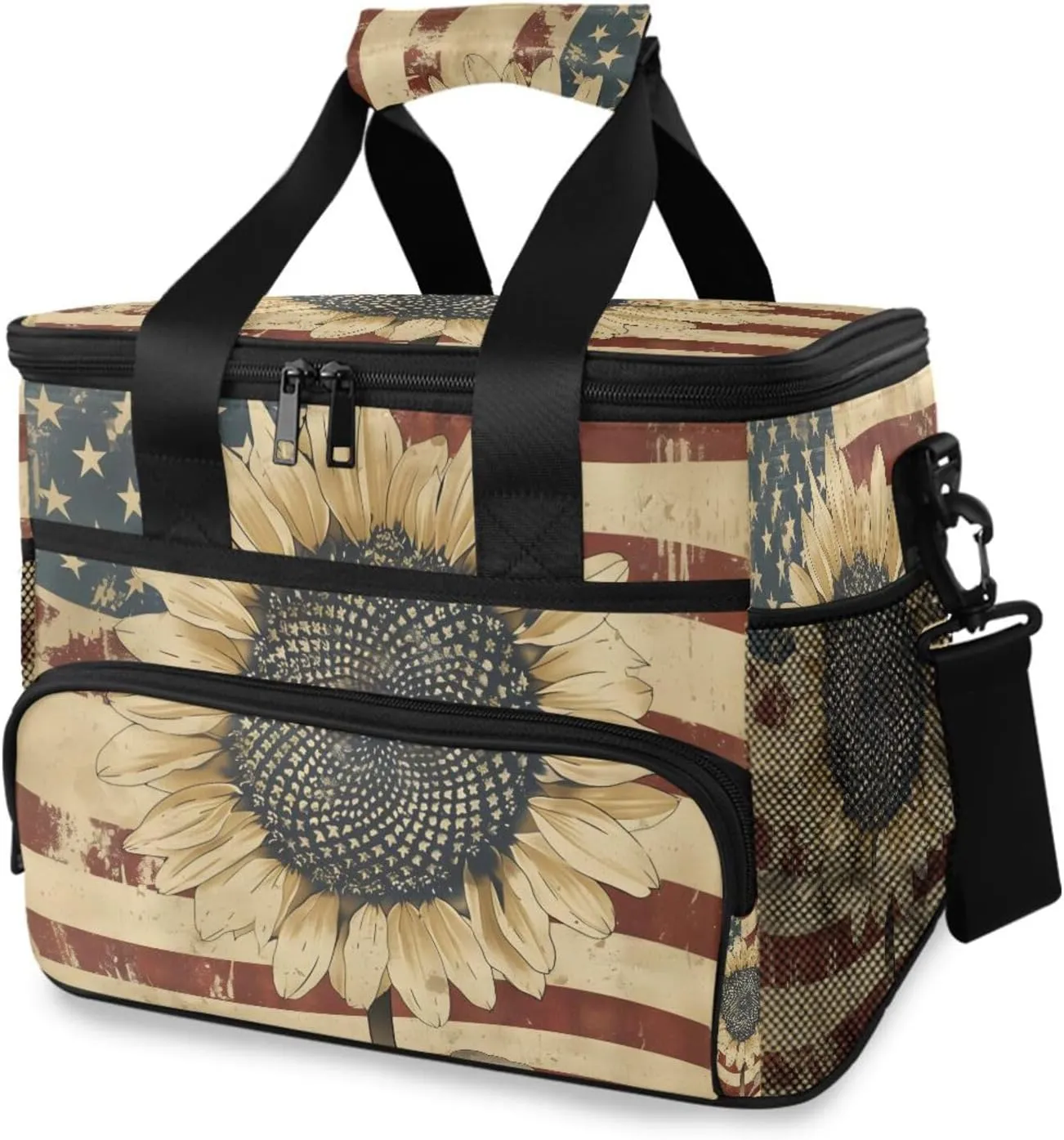 Vintage Sunflower American Stars Stripes Cooler Bag Insulated Cooler Soft Sided Cooler 24 Can Portable Picnic Bag Large Leakproof Lunch Bag Box for Beach Grocery Camping Travel Car Men Women