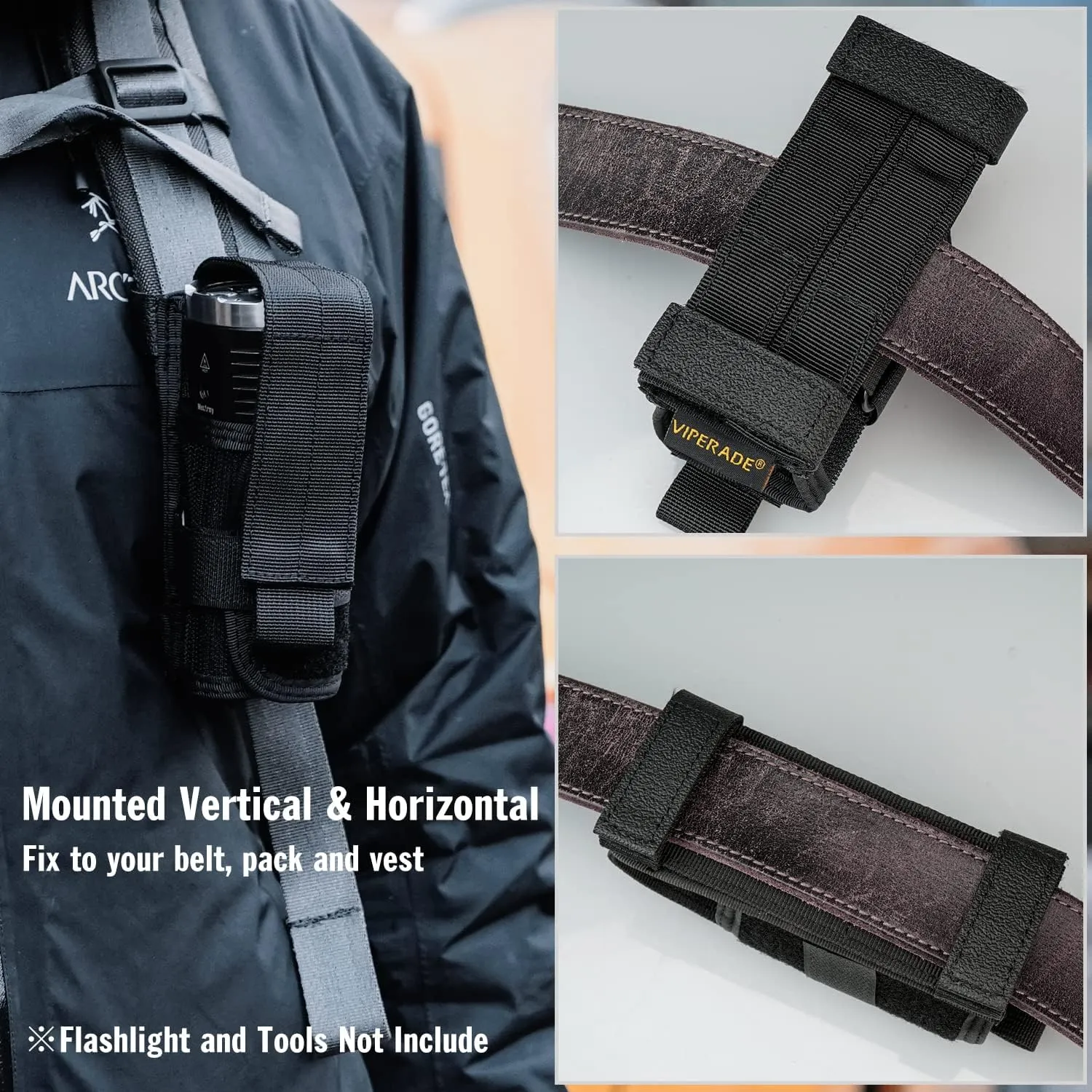 VIPERADE Tactical Flashlight Holster, Molle Flashlight Holder for Belt, Flashlight Pouch, Open Top Flashlight Holder for Vertical & Horizontal Carrying