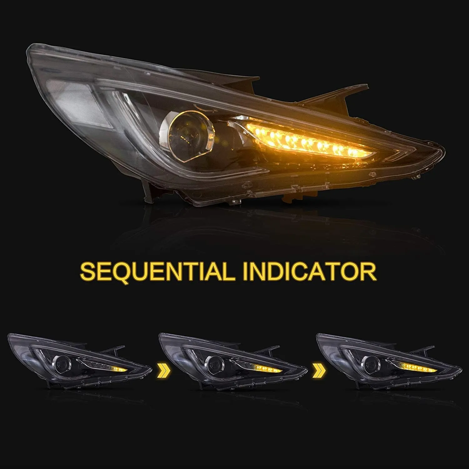 VLAND Headlights Fit for 2011-2014 Hyundai Sonata(NOT for Models without Adjusting Motor), Front light with Sequential Turn Signal, Headlamp with Demon Eyes