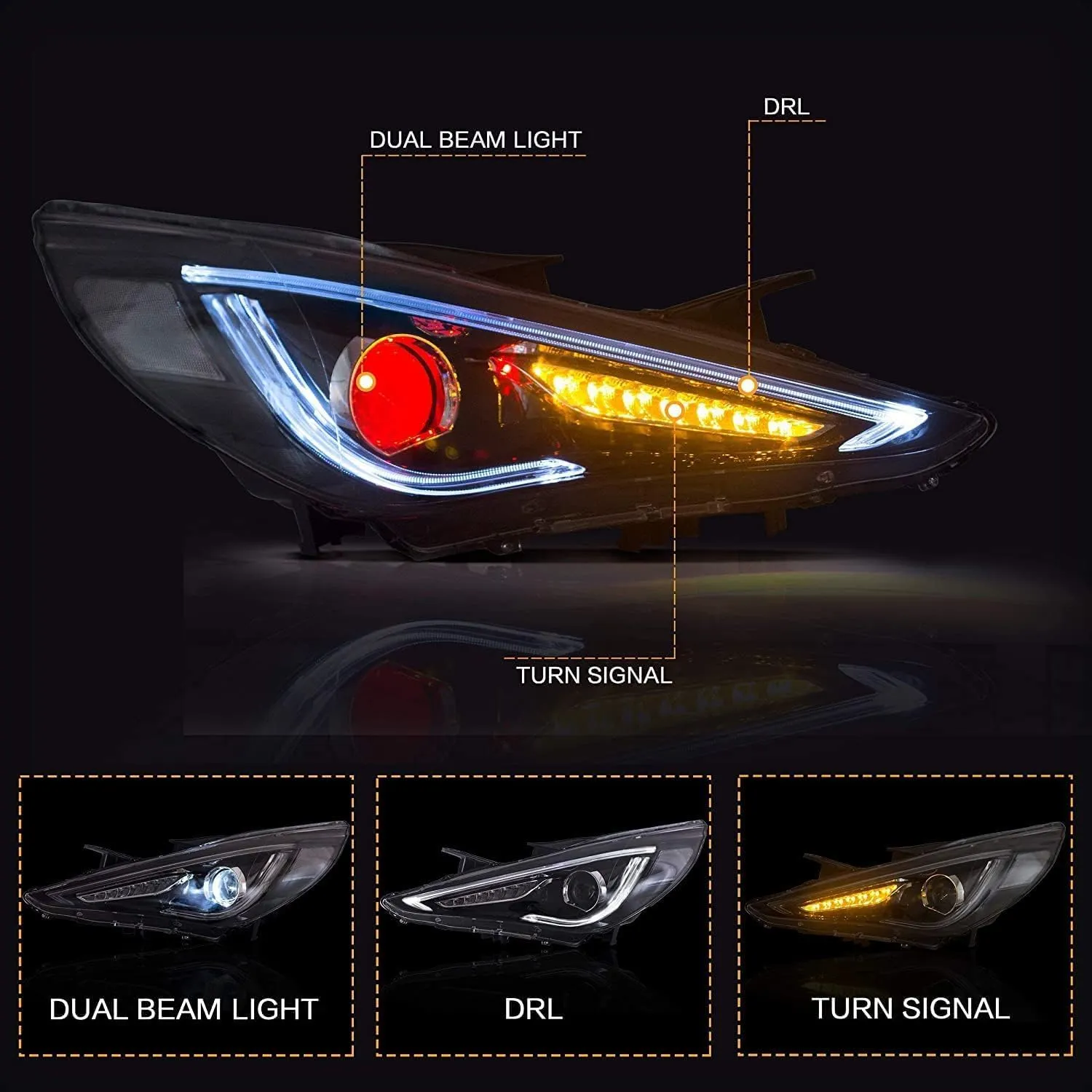 VLAND Headlights Fit for 2011-2014 Hyundai Sonata(NOT for Models without Adjusting Motor), Front light with Sequential Turn Signal, Headlamp with Demon Eyes
