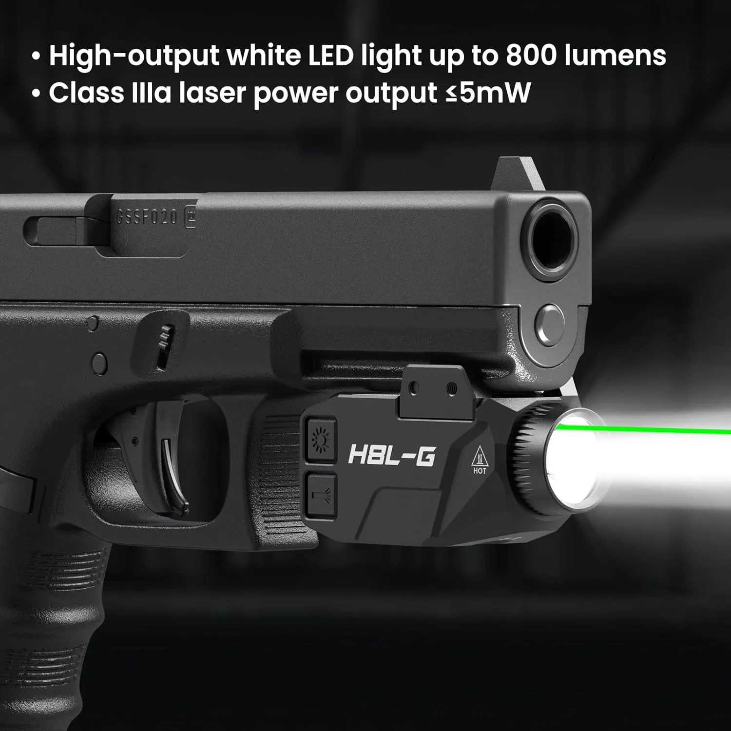 VOTATU 800 Lumens Flashight and IIIA Class Green Laser, H8L-G Tactical Light Laser Combo for Pistol,Handgun