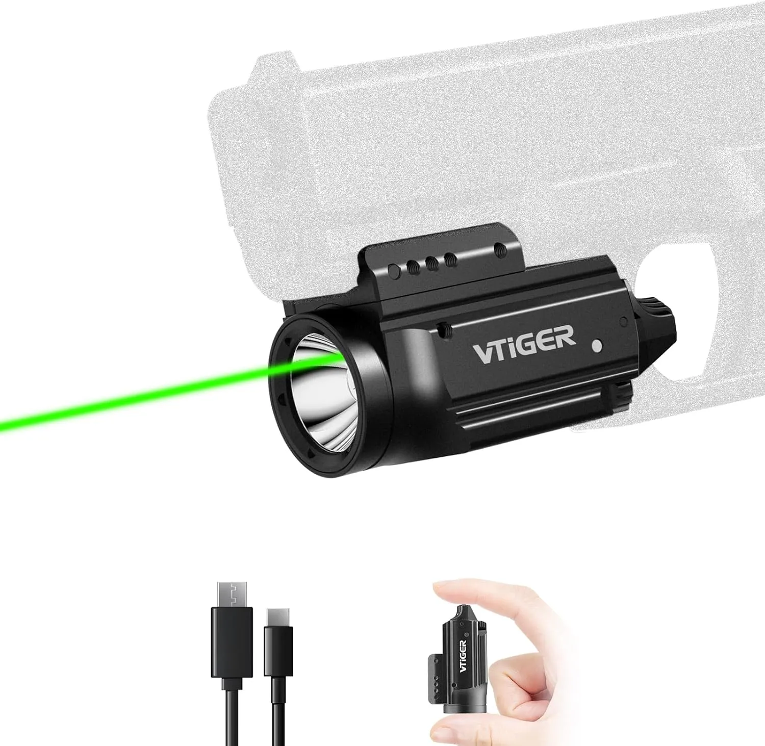 VTIGER 1000 Lumen Powerful Compact Pistol Light, Adjustable Rail Mounted Mini Weapon Light with Green Beam Sight Combo, Small Rechargeable LED Tactical Flashlights for Picatinny 1913/GL/Weaver