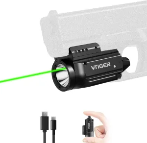 VTIGER 1000 Lumen Powerful Compact Pistol Light, Adjustable Rail Mounted Mini Weapon Light with Green Beam Sight Combo, Small Rechargeable LED Tactical Flashlights for Picatinny 1913/GL/Weaver