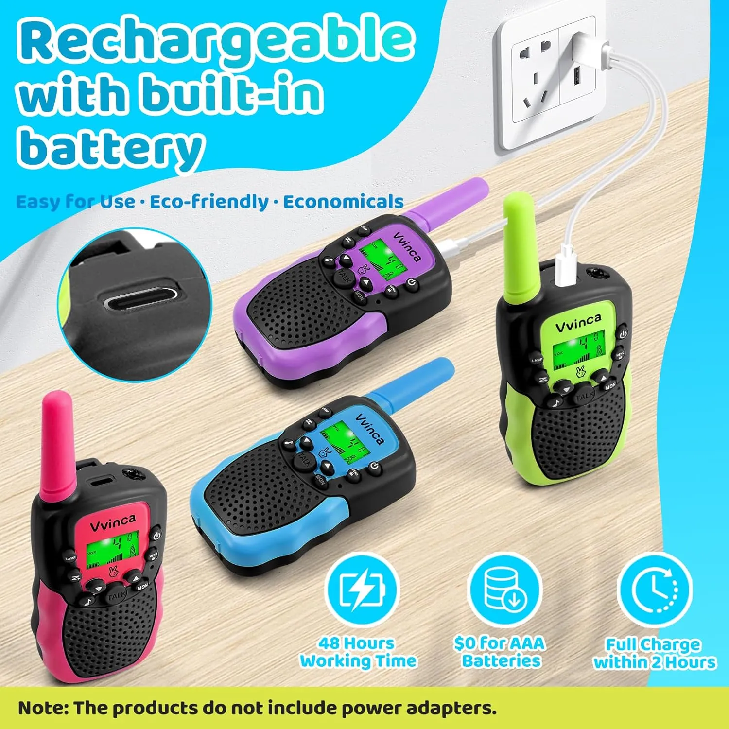 Vvinca Rechargeable Walkie Talkies for Kids 4 Pack, 5-7 Year Old Boy Toys Long Range 22 Channels 2 Way Kids Walkie Talkie with Flashlight for Camping Hiking Indoor Outdoor 3 4 5 6-12 Girl Boy Gift