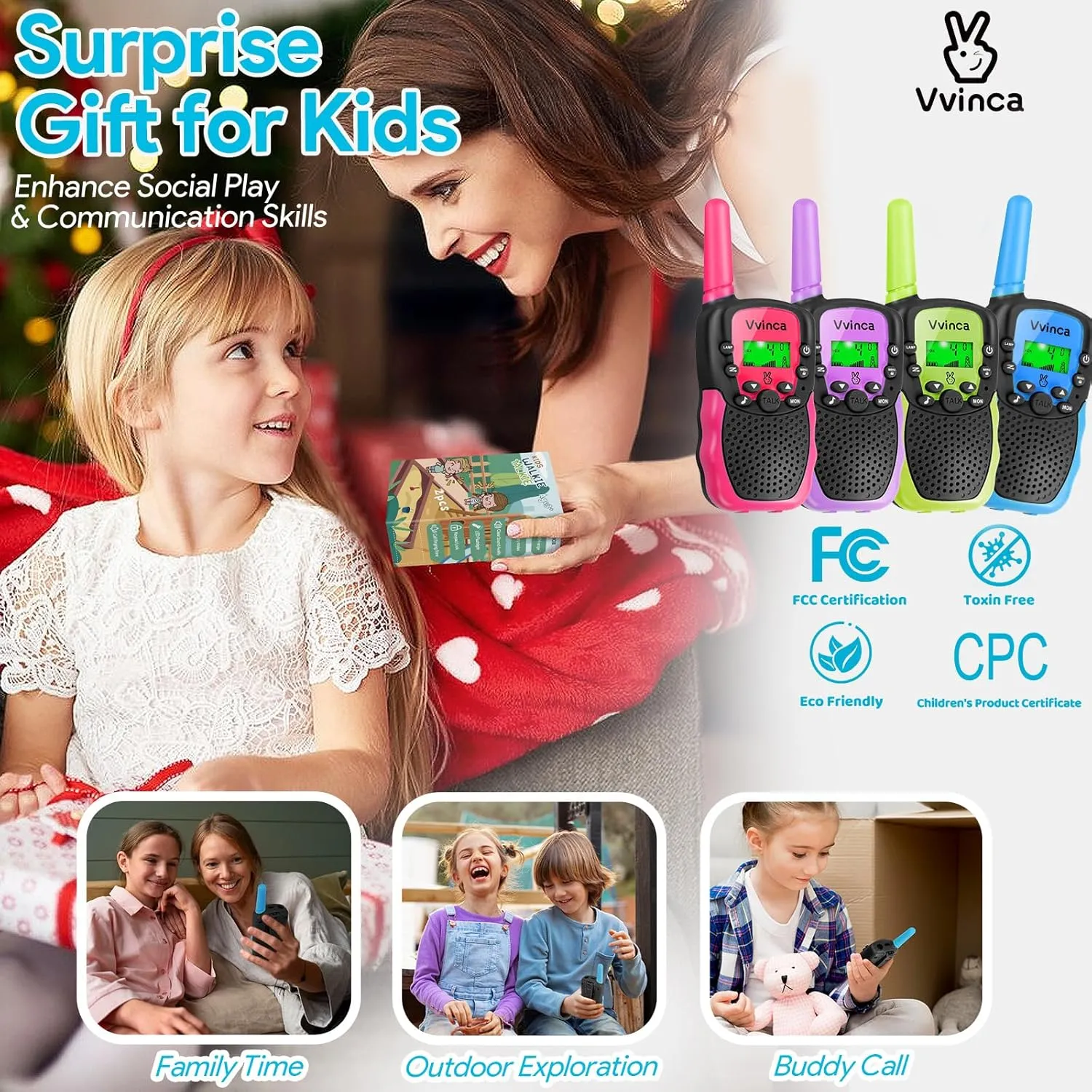 Vvinca Rechargeable Walkie Talkies for Kids 4 Pack, 5-7 Year Old Boy Toys Long Range 22 Channels 2 Way Kids Walkie Talkie with Flashlight for Camping Hiking Indoor Outdoor 3 4 5 6-12 Girl Boy Gift