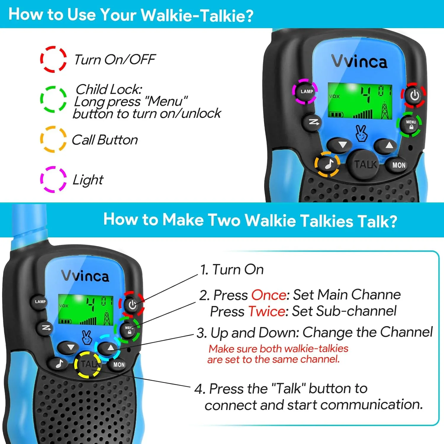 Vvinca Rechargeable Walkie Talkies for Kids 4 Pack, 5-7 Year Old Boy Toys Long Range 22 Channels 2 Way Kids Walkie Talkie with Flashlight for Camping Hiking Indoor Outdoor 3 4 5 6-12 Girl Boy Gift