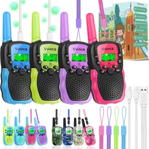 Vvinca Rechargeable Walkie Talkies for Kids 4 Pack, 5-7 Year Old Boy Toys Long Range 22 Channels 2 Way Kids Walkie Talkie with Flashlight for Camping Hiking Indoor Outdoor 3 4 5 6-12 Girl Boy Gift