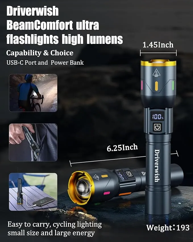 W3 - Flashlight,2 Pack Rechargeable Flashlights High Lumens with Multicolor Luminous Strip,Small LED Flashlight Powerful,Zoomable,Waterproof,Flashlights for Home,Comping,Emergencies,Gray