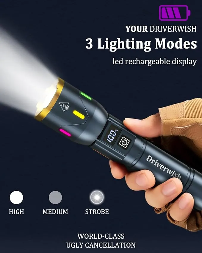 W3 - Flashlight,2 Pack Rechargeable Flashlights High Lumens with Multicolor Luminous Strip,Small LED Flashlight Powerful,Zoomable,Waterproof,Flashlights for Home,Comping,Emergencies,Gray