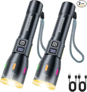 W3 - Flashlight,2 Pack Rechargeable Flashlights High Lumens with Multicolor Luminous Strip,Small LED Flashlight Powerful,Zoomable,Waterproof,Flashlights for Home,Comping,Emergencies,Gray