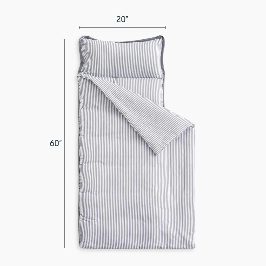 Wake In Cloud - Extra Long Nap Mat with Removable Pillow for Kids Toddler Boys Girls Daycare Preschool Kindergarten Sleeping Bag, Gray Grey Stripes Printed on White, 100% Cotton with Microfiber Fill