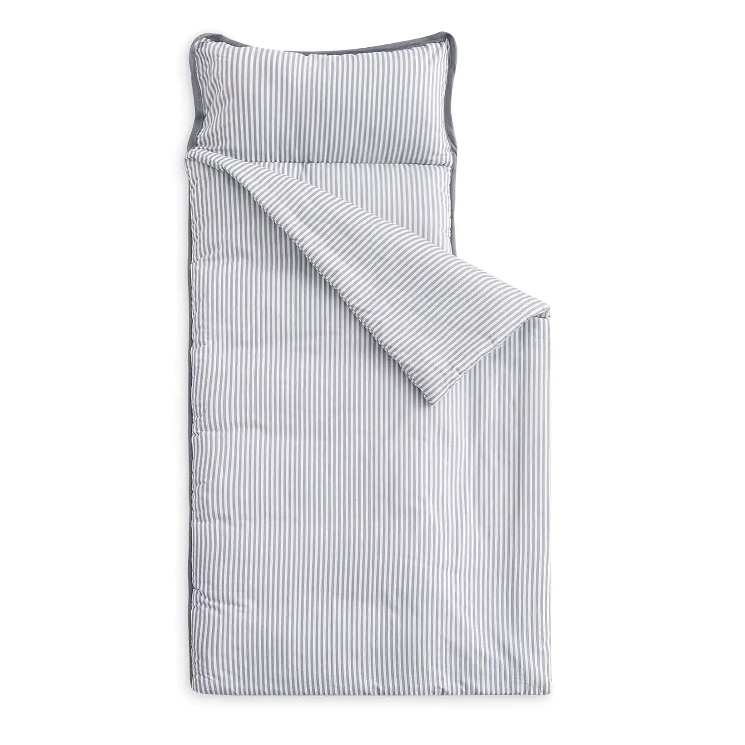 Wake In Cloud - Extra Long Nap Mat with Removable Pillow for Kids Toddler Boys Girls Daycare Preschool Kindergarten Sleeping Bag, Gray Grey Stripes Printed on White, 100% Cotton with Microfiber Fill