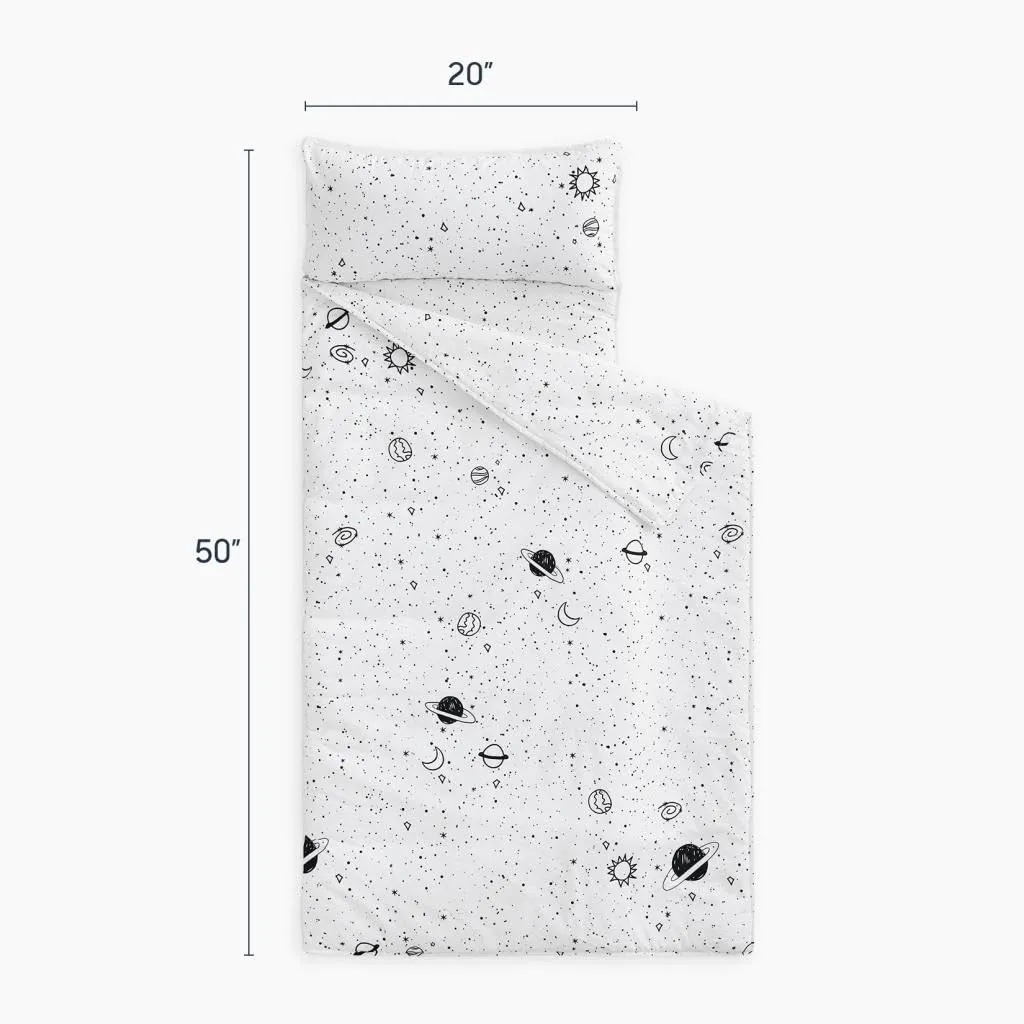 Wake In Cloud - Toddler Nap Mat with Pillow and Blanket, 100% Cotton Fabric, for Kids Boys Girls in Daycare Kindergarten Preschool, Roll Up Sleeping Bag, Black White Spaces, Standard