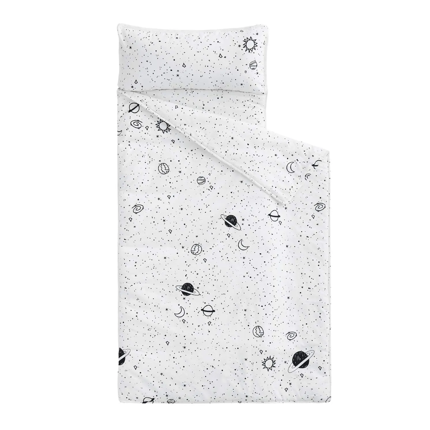 Wake In Cloud - Toddler Nap Mat with Pillow and Blanket, 100% Cotton Fabric, for Kids Boys Girls in Daycare Kindergarten Preschool, Roll Up Sleeping Bag, Black White Spaces, Standard