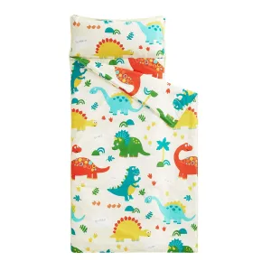 Wake In Cloud - Toddler Nap Mat with Pillow and Blanket, 100% Cotton Fabric, for Kids Boys Girls in Daycare Kindergarten Preschool, Roll Up Sleeping Bag, Dinosaur Cream, Standard