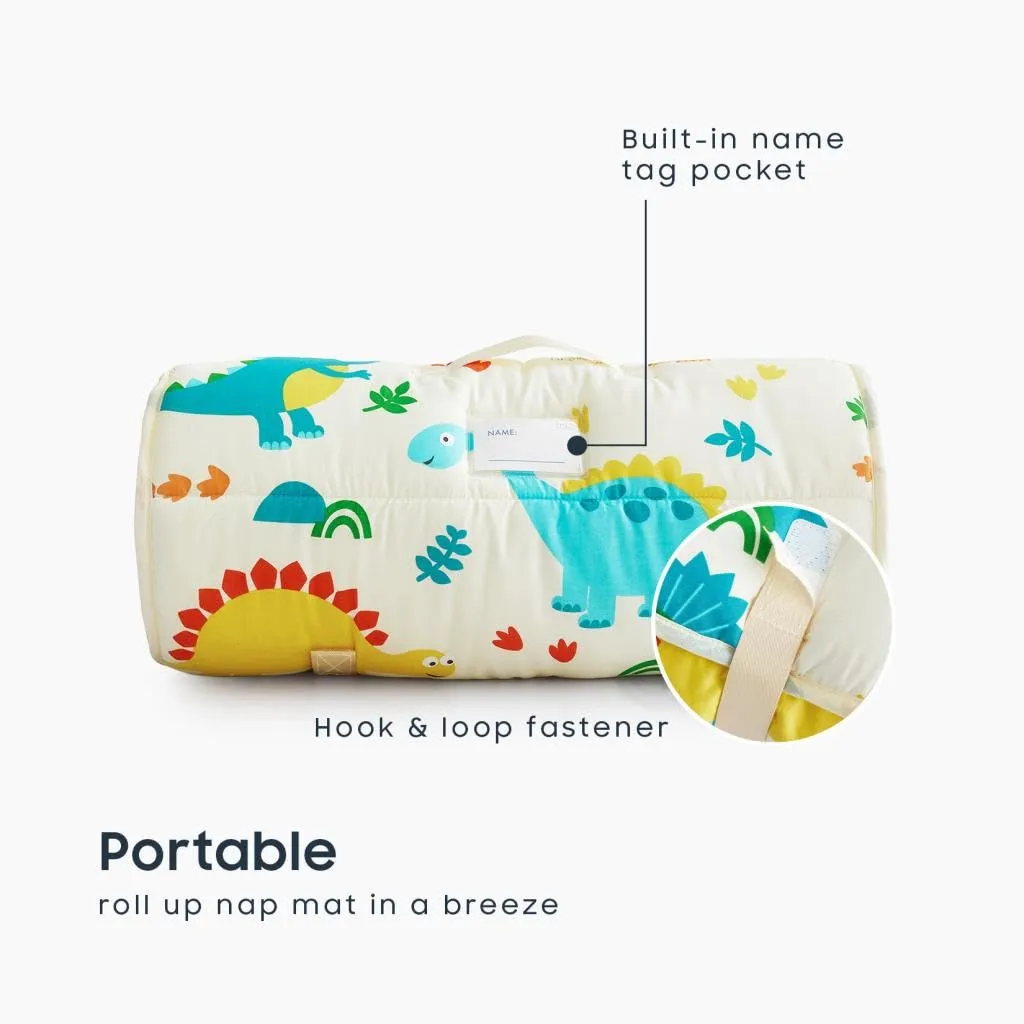 Wake In Cloud - Toddler Nap Mat with Pillow and Blanket, 100% Cotton Fabric, for Kids Boys Girls in Daycare Kindergarten Preschool, Roll Up Sleeping Bag, Dinosaur Cream, Standard