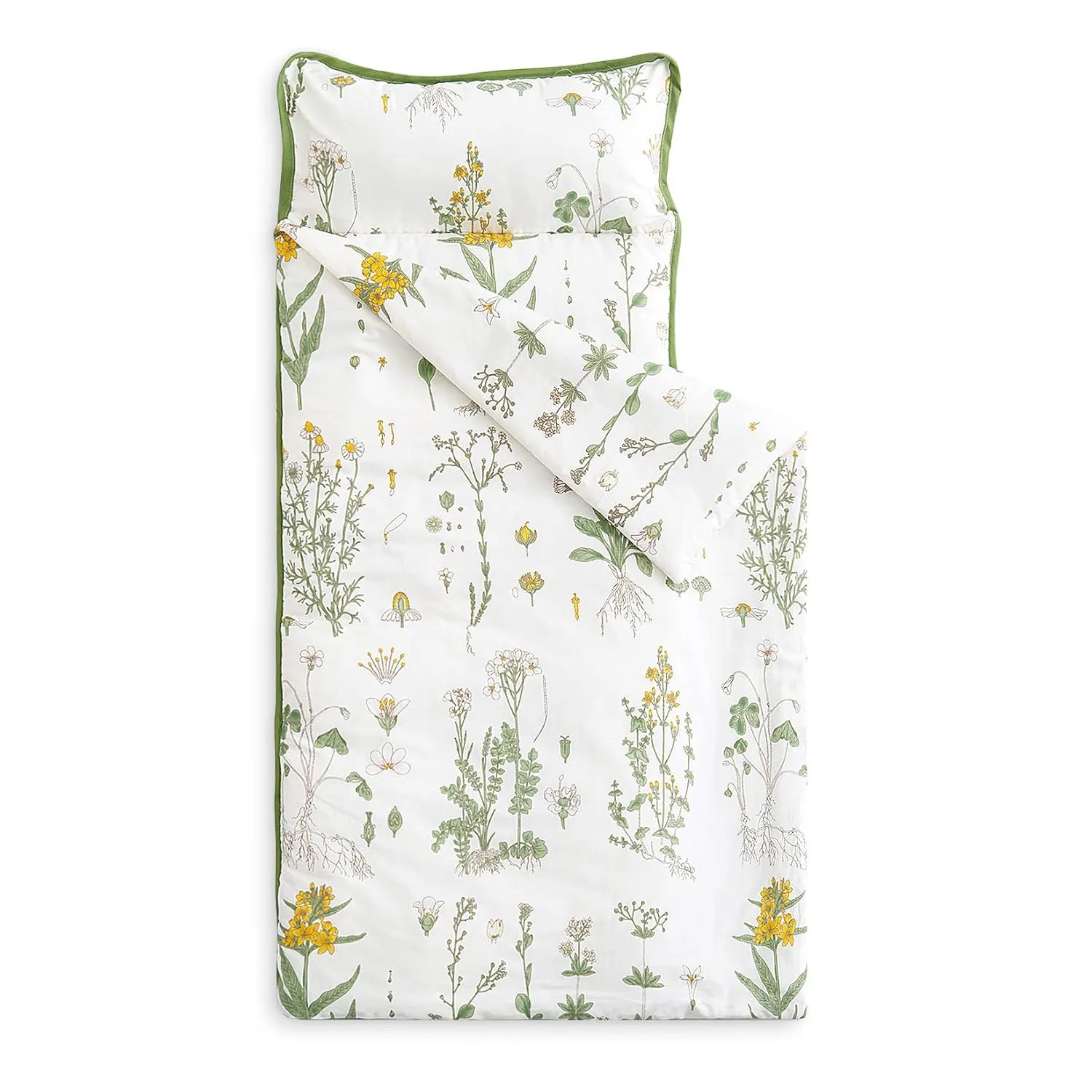 Wake In Cloud - Toddler Nap Mat with Pillow and Blanket, 100% Cotton Fabric, for Kids Girls in Daycare Kindergarten Preschool, Floral Botanical Flowers, White Yellow Green, Extra Long
