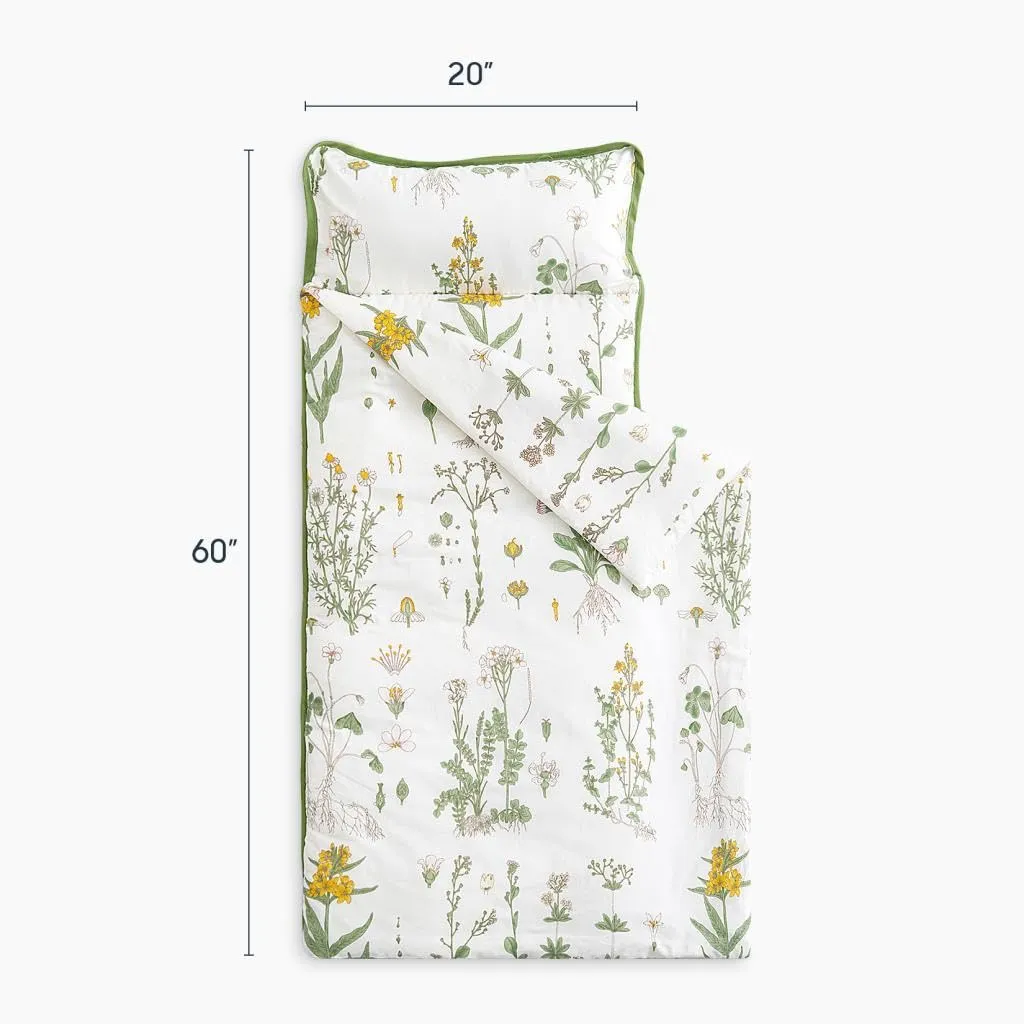 Wake In Cloud - Toddler Nap Mat with Pillow and Blanket, 100% Cotton Fabric, for Kids Girls in Daycare Kindergarten Preschool, Floral Botanical Flowers, White Yellow Green, Extra Long