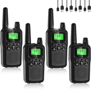 Walkie Talkies for Adults Long Range, Rechargeable Walkie Talkie 22 FRS Channels Two Way Radios with Noise Reduction, Volume Adjustment, LED Flashlight,1200mAh Rechargeable Battery (4 Pack Black)