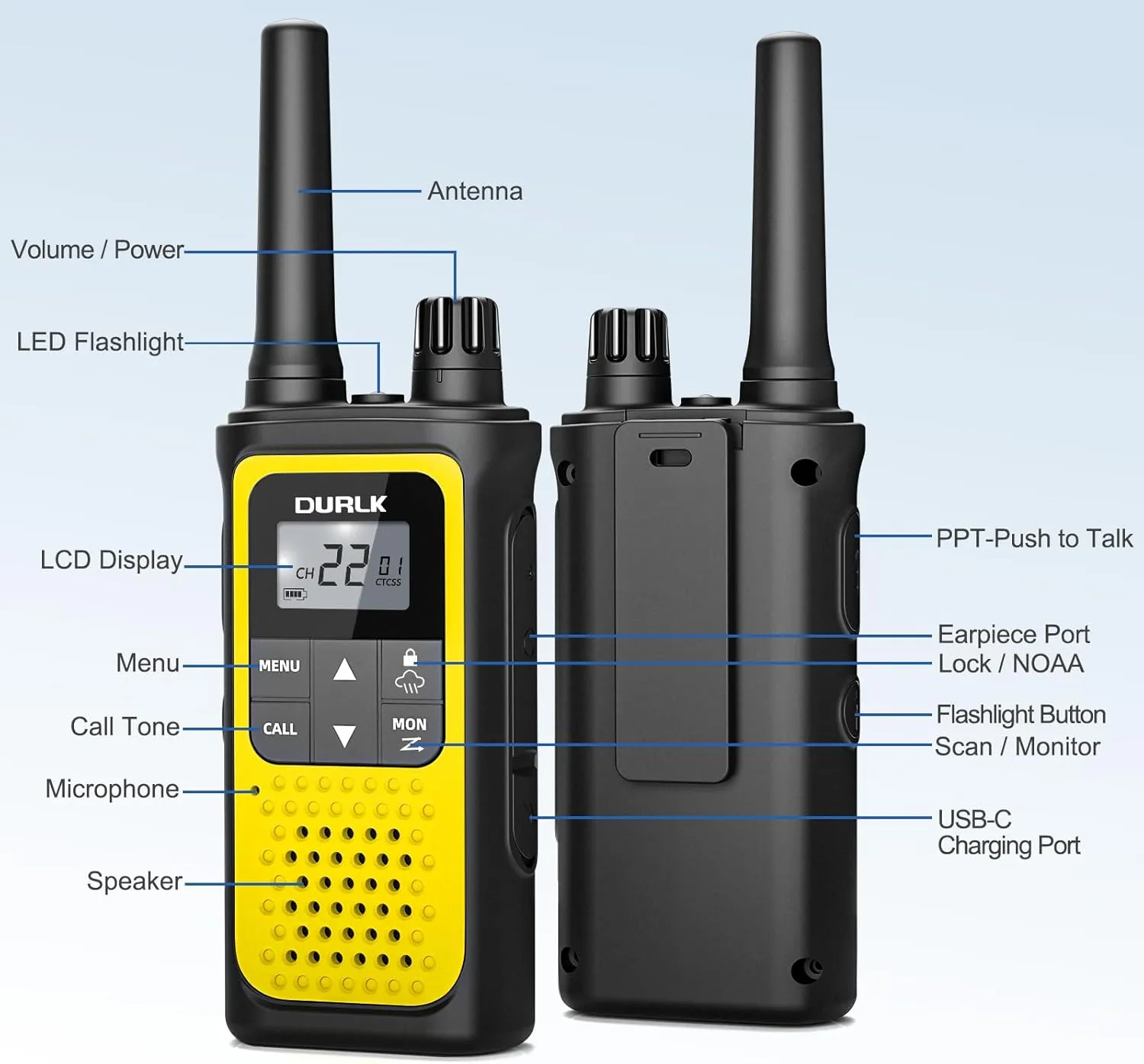 Walkie Talkies Long Range for Adults - 2 Pack Rechargeable Walkie Talkies Two Way Radios 22 FRS Channels, NOAA Weather Alerts, 1800mAh Li-ion Battery, LED Flashlight, VOX for Hiking Camping (Yellow)