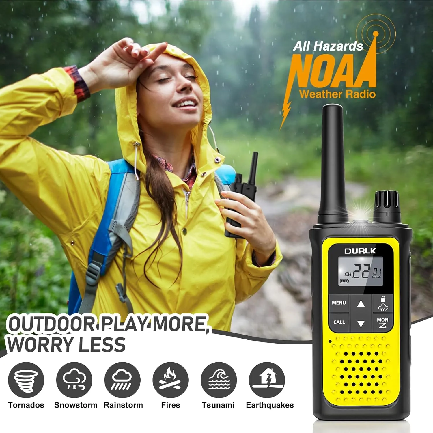 Walkie Talkies Long Range for Adults - 2 Pack Rechargeable Walkie Talkies Two Way Radios 22 FRS Channels, NOAA Weather Alerts, 1800mAh Li-ion Battery, LED Flashlight, VOX for Hiking Camping (Yellow)