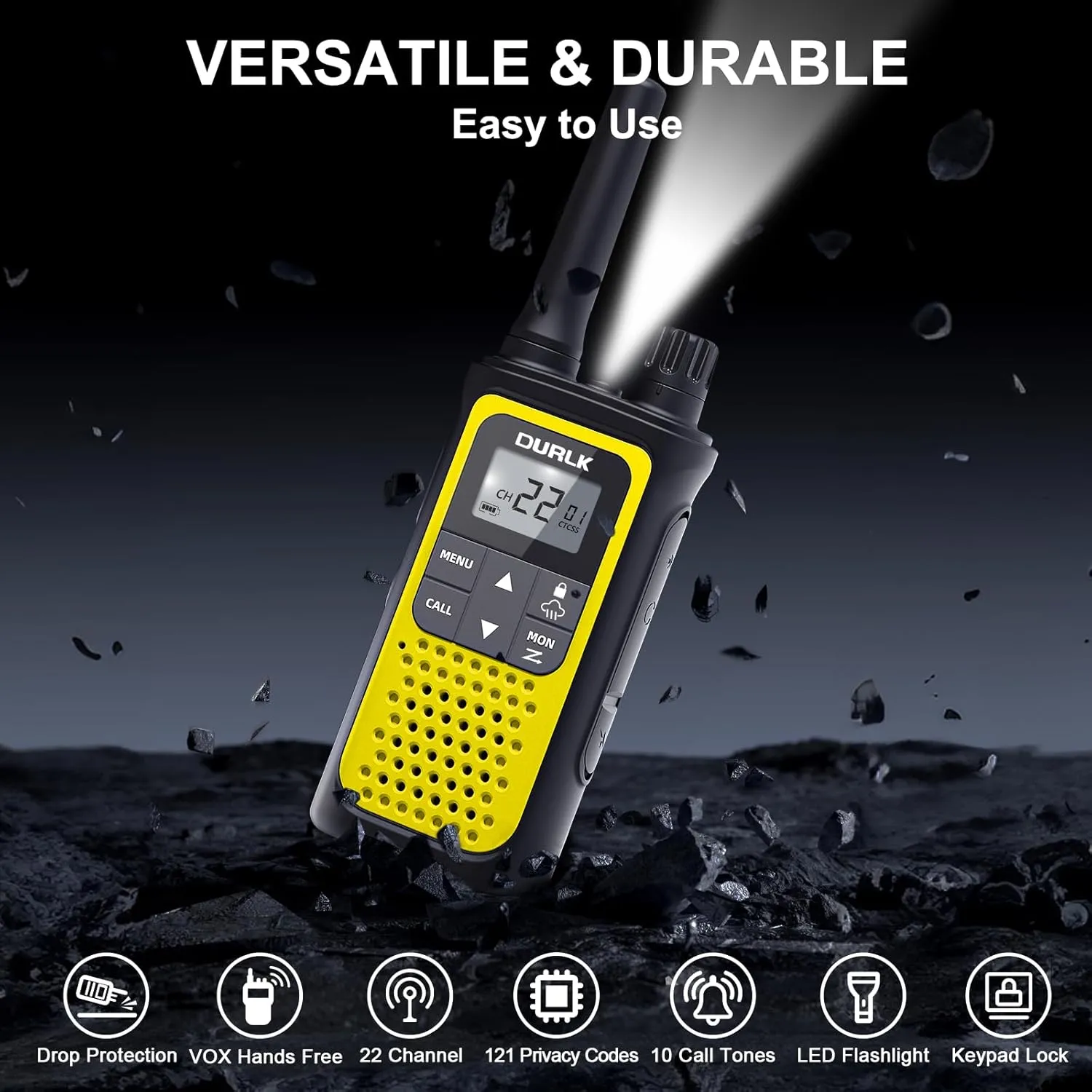 Walkie Talkies Long Range for Adults - 2 Pack Rechargeable Walkie Talkies Two Way Radios 22 FRS Channels, NOAA Weather Alerts, 1800mAh Li-ion Battery, LED Flashlight, VOX for Hiking Camping (Yellow)