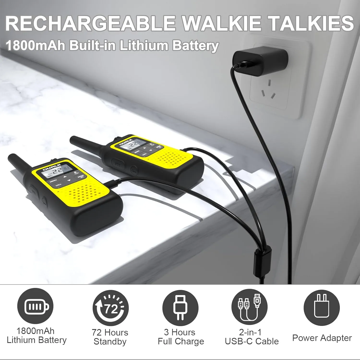 Walkie Talkies Long Range for Adults - 2 Pack Rechargeable Walkie Talkies Two Way Radios 22 FRS Channels, NOAA Weather Alerts, 1800mAh Li-ion Battery, LED Flashlight, VOX for Hiking Camping (Yellow)