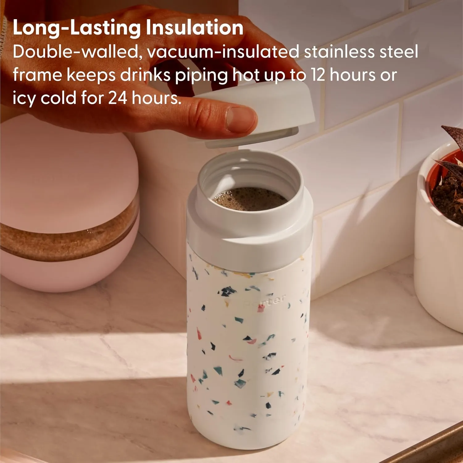 W&P Porter Insulated Bottle 16 oz | Clean Taste Ceramic Coating for Water, Coffee, & Tea | Wide Mouth Vacuum Insulated | Dishwasher Safe, Charcoal Terrazzo